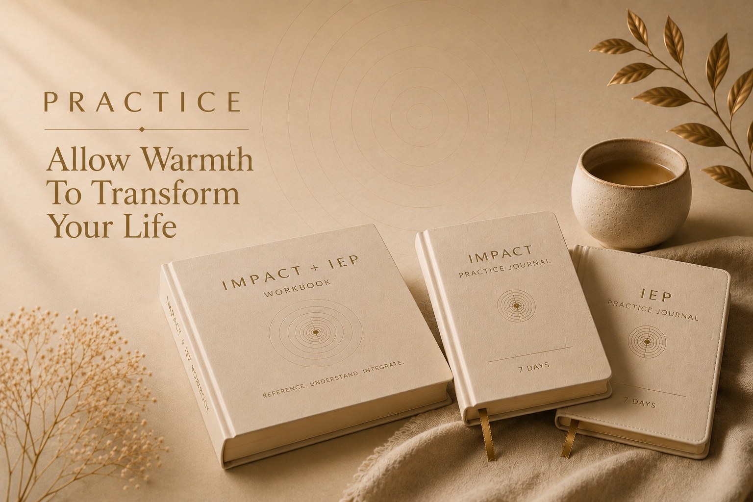 Practice materials in warm cream and gold light